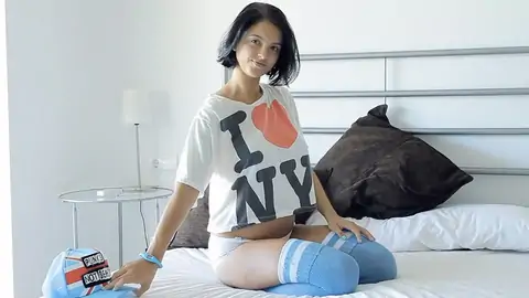 Teenage stunner taunting with hefty inborn bosoms and smallish culo