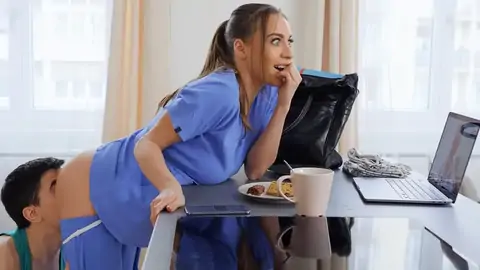 Trampy nurse gets her immense innate orbs rubbed by her beau