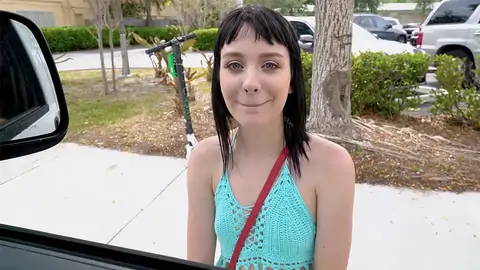 Ultra-Uber-cute teenage is showing her lil' fun bags to the driver