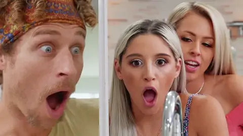 A dude and two blondes are hiding from another lad