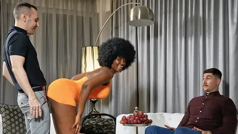 Dark-hued hottie on her knees gives hubby's boss a suck off