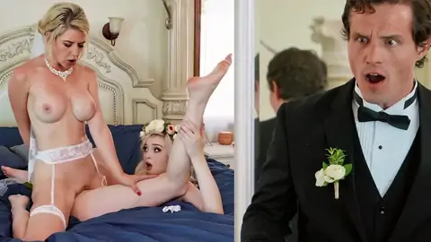 The groom catches the wife scissoring a girly-girl