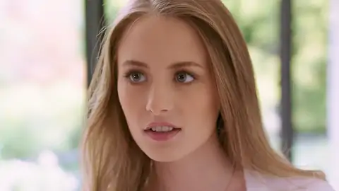 Appreciative platinum-blondie stunner is on her knees for a facial cumshot