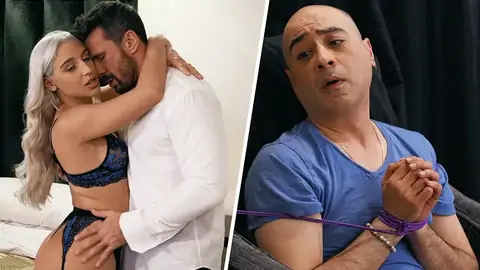 Guy with bound mitts is attempting to pulverize a platinum-platinum-blond doll