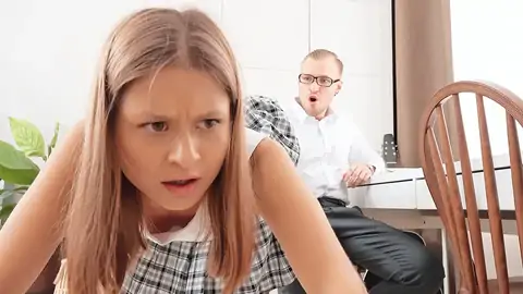 Astonished student in mini-mini-skirt give hand-job her tutor
